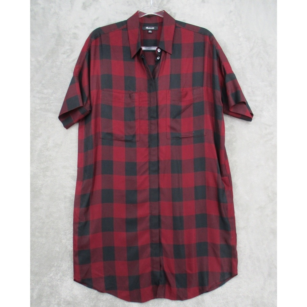 Madewell Shirt Dress Women Small Buffalo Plaid Button Front Relaxed Pockets Red